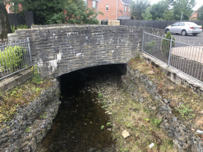 Stone arch bridge over a watercourse with railings and housing behind